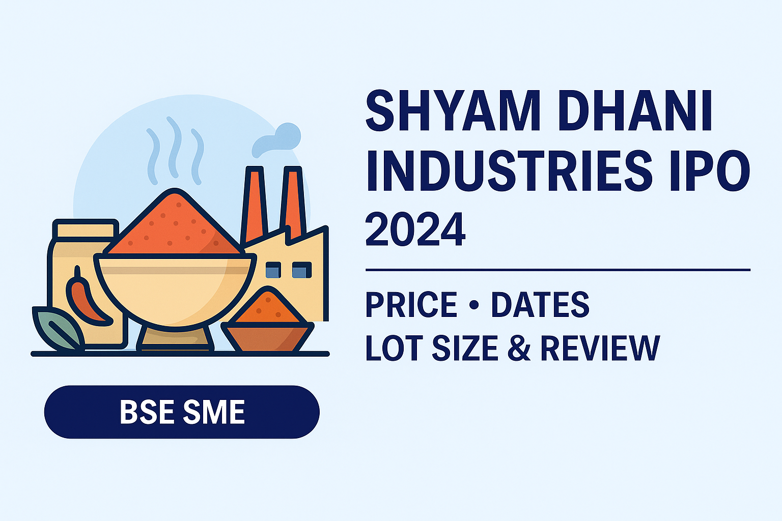 Shyam Dhani Industries IPO 2024 banner showing food processing and spices manufacturing company, IPO price, lot size and BSE SME listing details