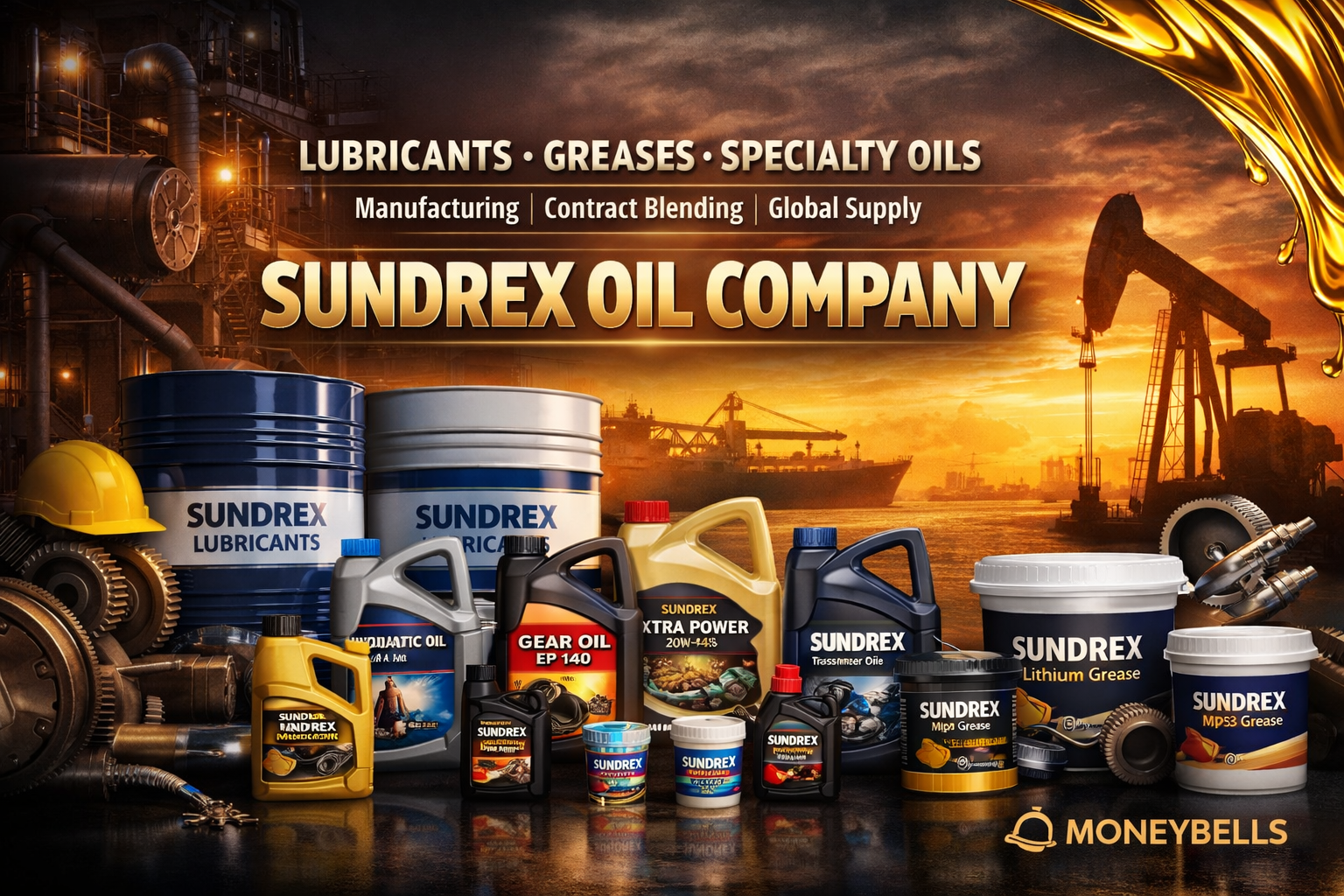 Sundrex Oil Company IPO banner showing industrial lubricants, greases and specialty oils – Money Bells Research Analyst