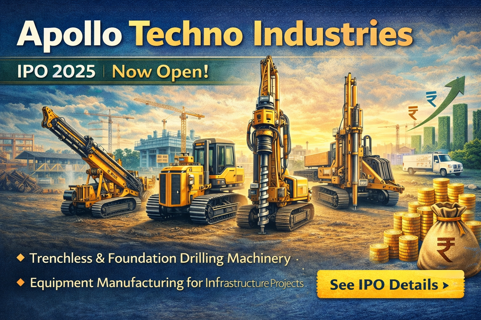 Apollo Techno Industries IPO banner showcasing trenchless and foundation drilling machinery for infrastructure projects