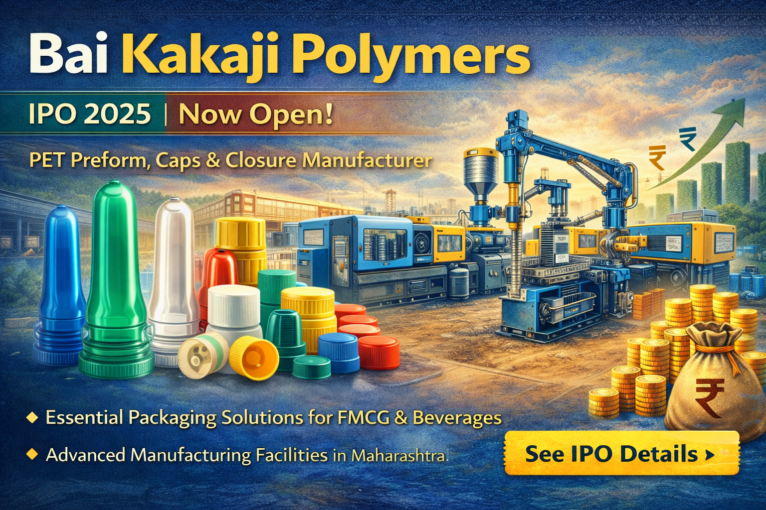Bai Kakaji Polymers IPO banner showcasing PET preforms, plastic caps and closures manufacturing for beverage and FMCG packaging industry
